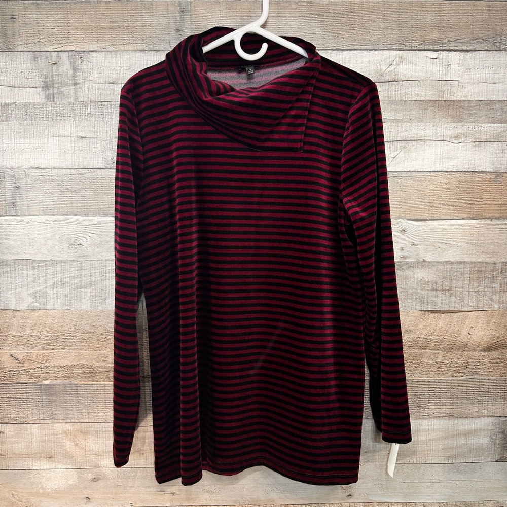 Talbots Luxe Velour Cowl Neck Button Back Tunic Top Fuchsia Black Stripe Large